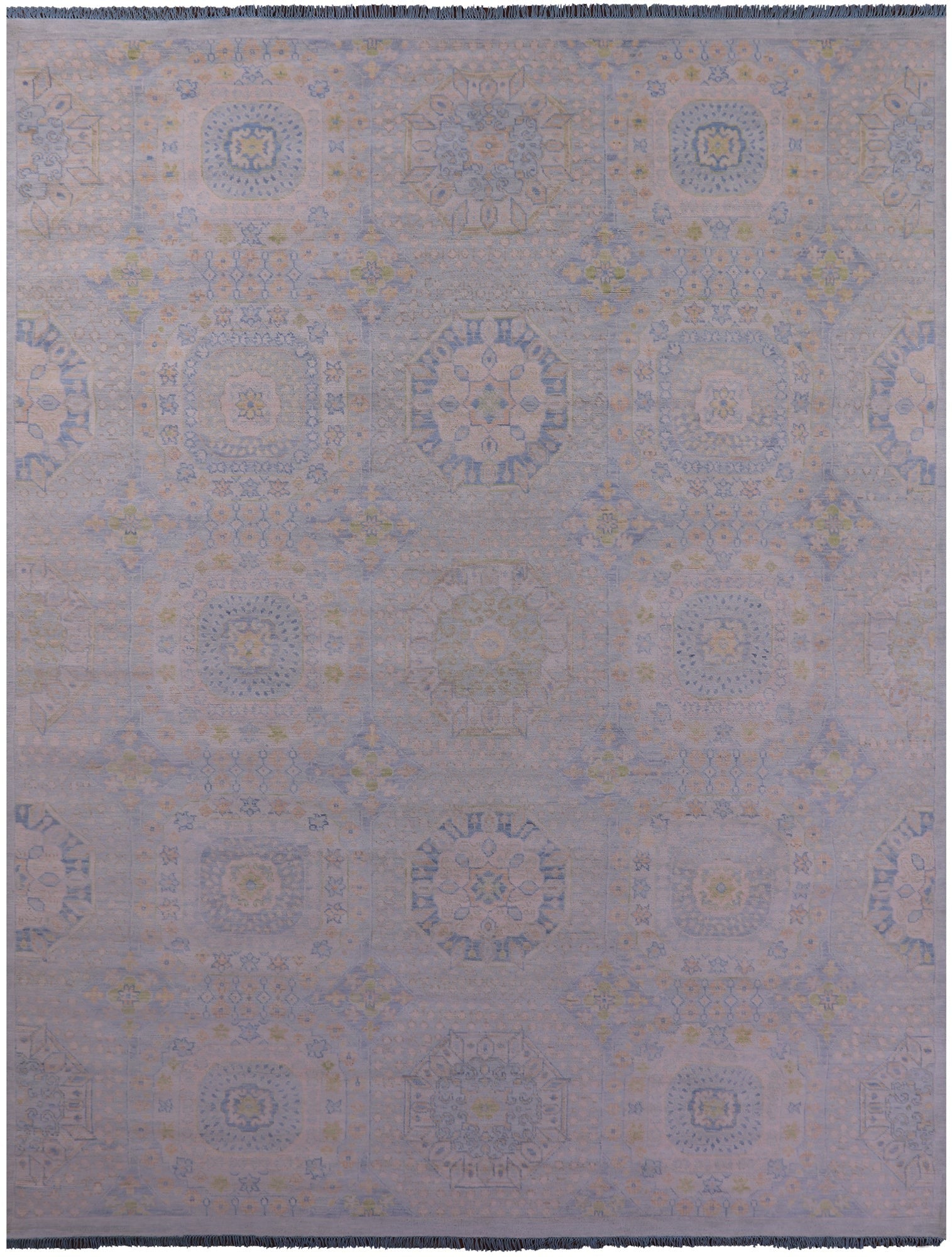 Light Blue Geometric Persian Mamluk Hand Knotted Wool Rug - 12' 1" X 15' 7" - Golden Nile
