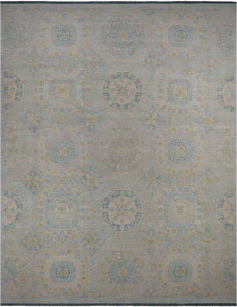 Light Blue Geometric Persian Mamluk Hand Knotted Wool Rug - 12' 1" X 15' 7"