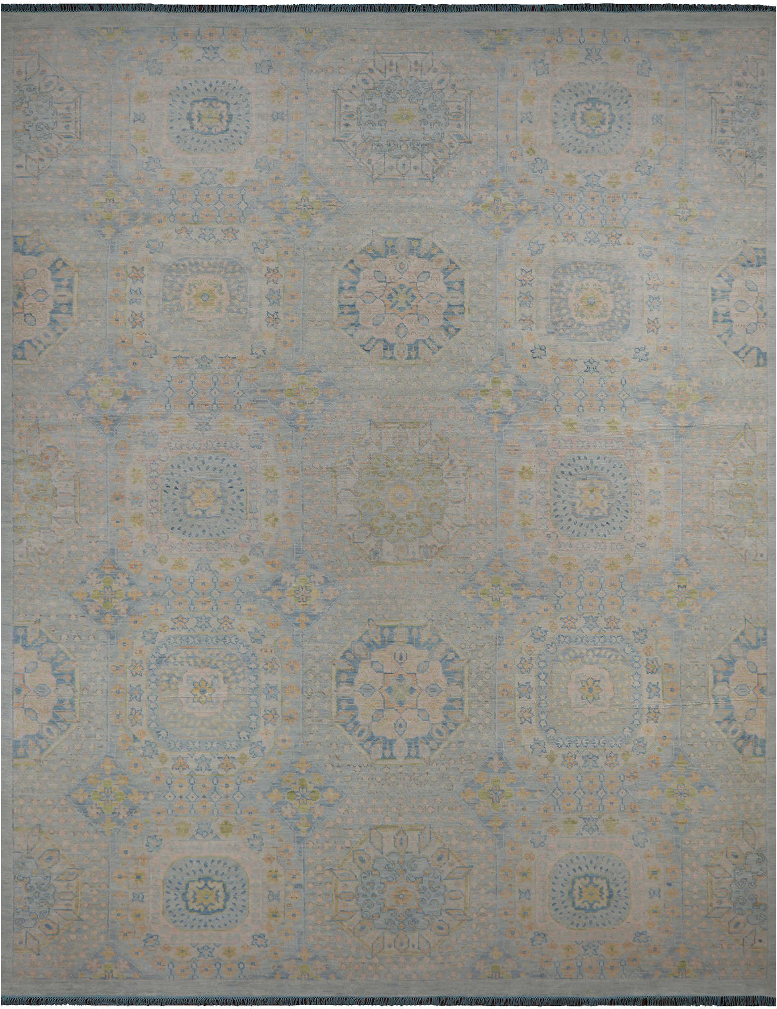 Light Blue Geometric Persian Mamluk Hand Knotted Wool Rug - 12' 1" X 15' 7"