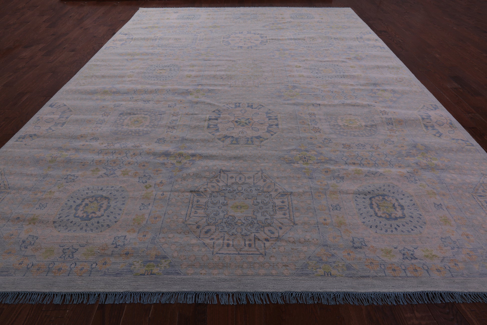 Light Blue Geometric Persian Mamluk Hand Knotted Wool Rug - 12' 1" X 15' 7" - Golden Nile