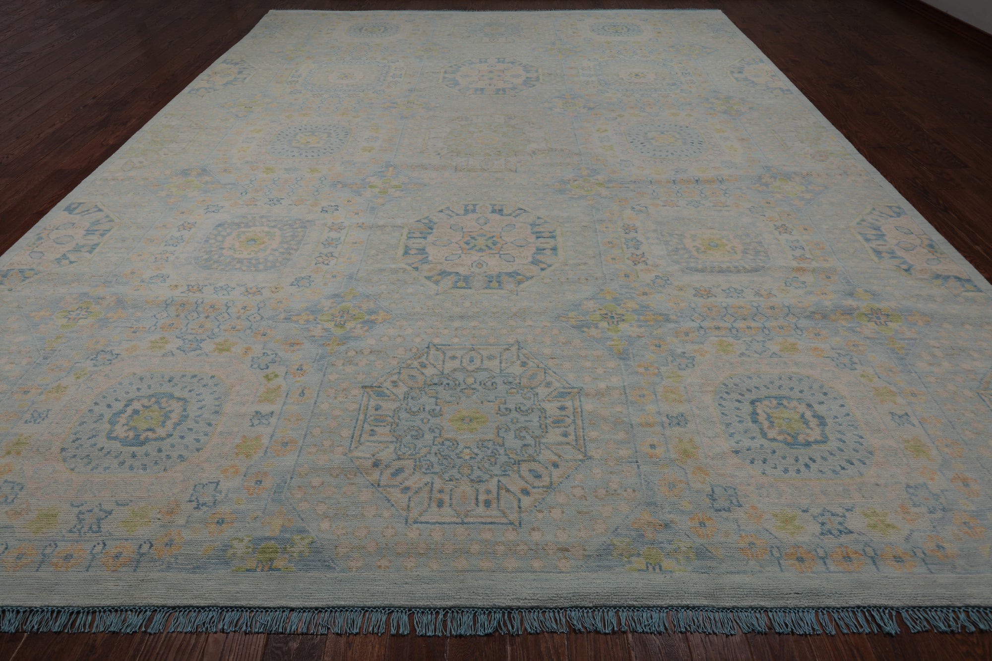 Light Blue Geometric Persian Mamluk Hand Knotted Wool Rug - 12' 1" X 15' 7"