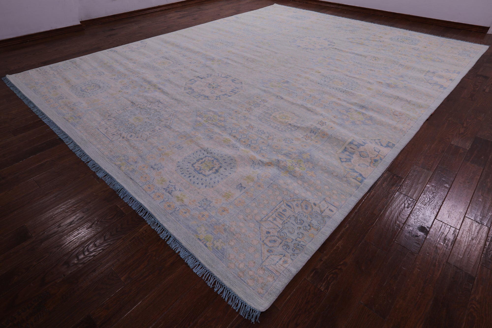 Light Blue Geometric Persian Mamluk Hand Knotted Wool Rug - 12' 1" X 15' 7" - Golden Nile