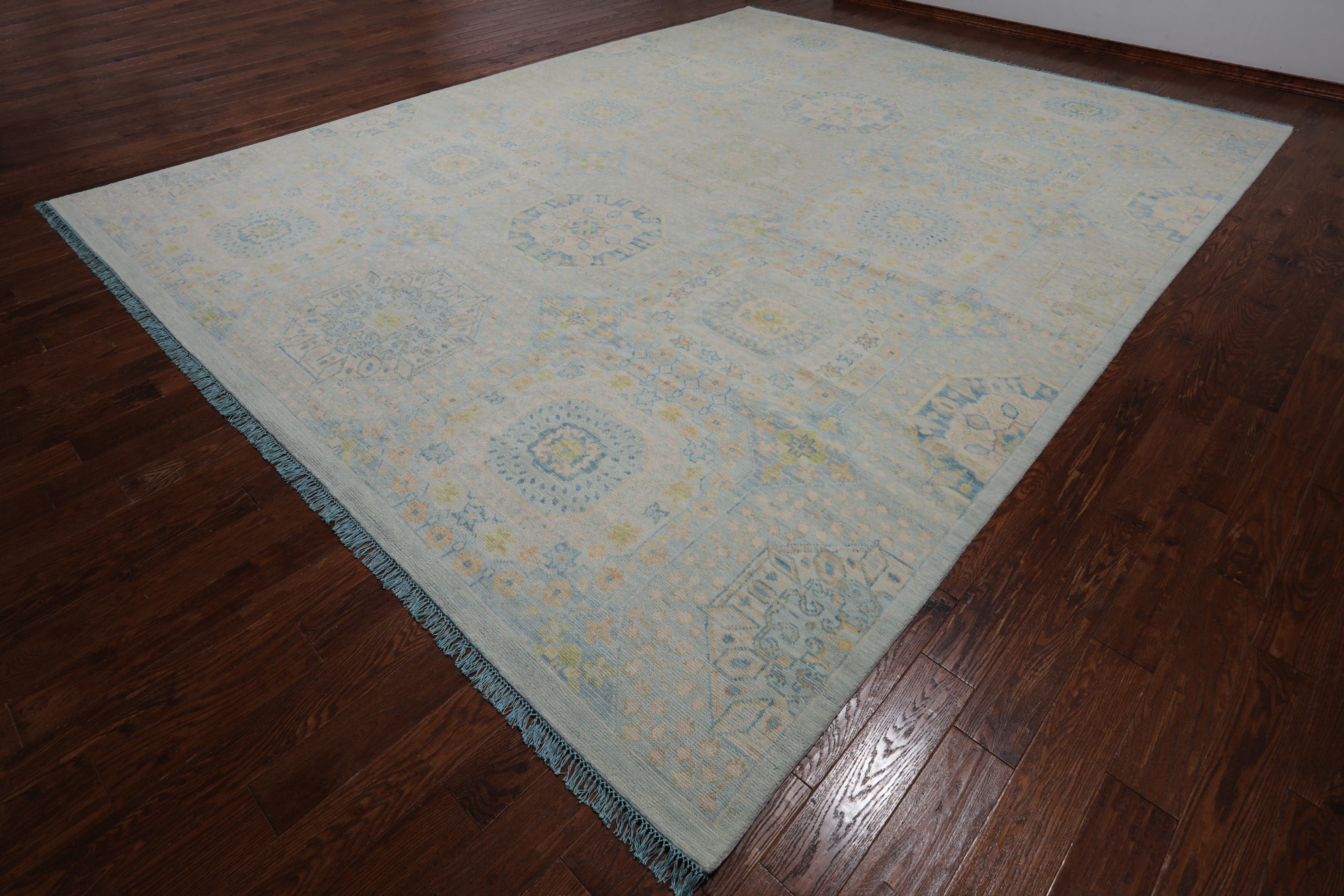 Light Blue Geometric Persian Mamluk Hand Knotted Wool Rug - 12' 1" X 15' 7"