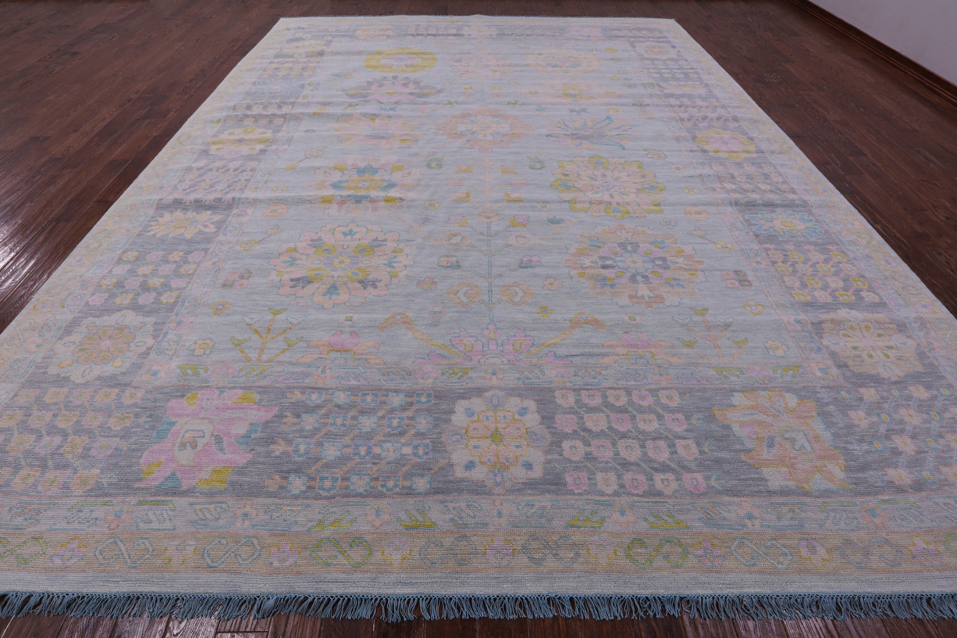 Light Blue Geometric Fine Serapi Hand Knotted Wool Rug - 12' 1" X 15' 3" - Golden Nile