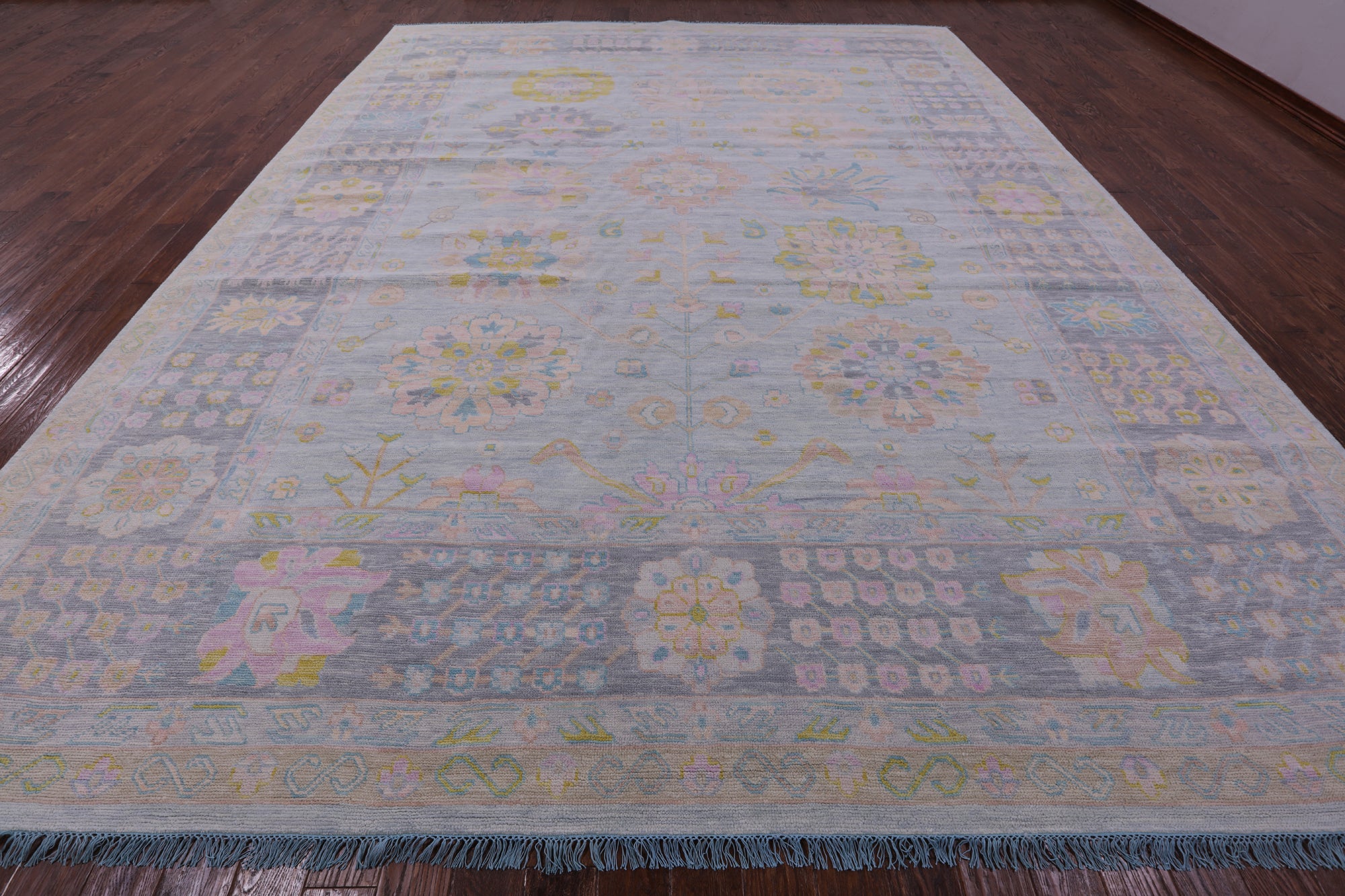 Light Blue Geometric Fine Serapi Hand Knotted Wool Rug - 12' 1" X 15' 3" - Golden Nile