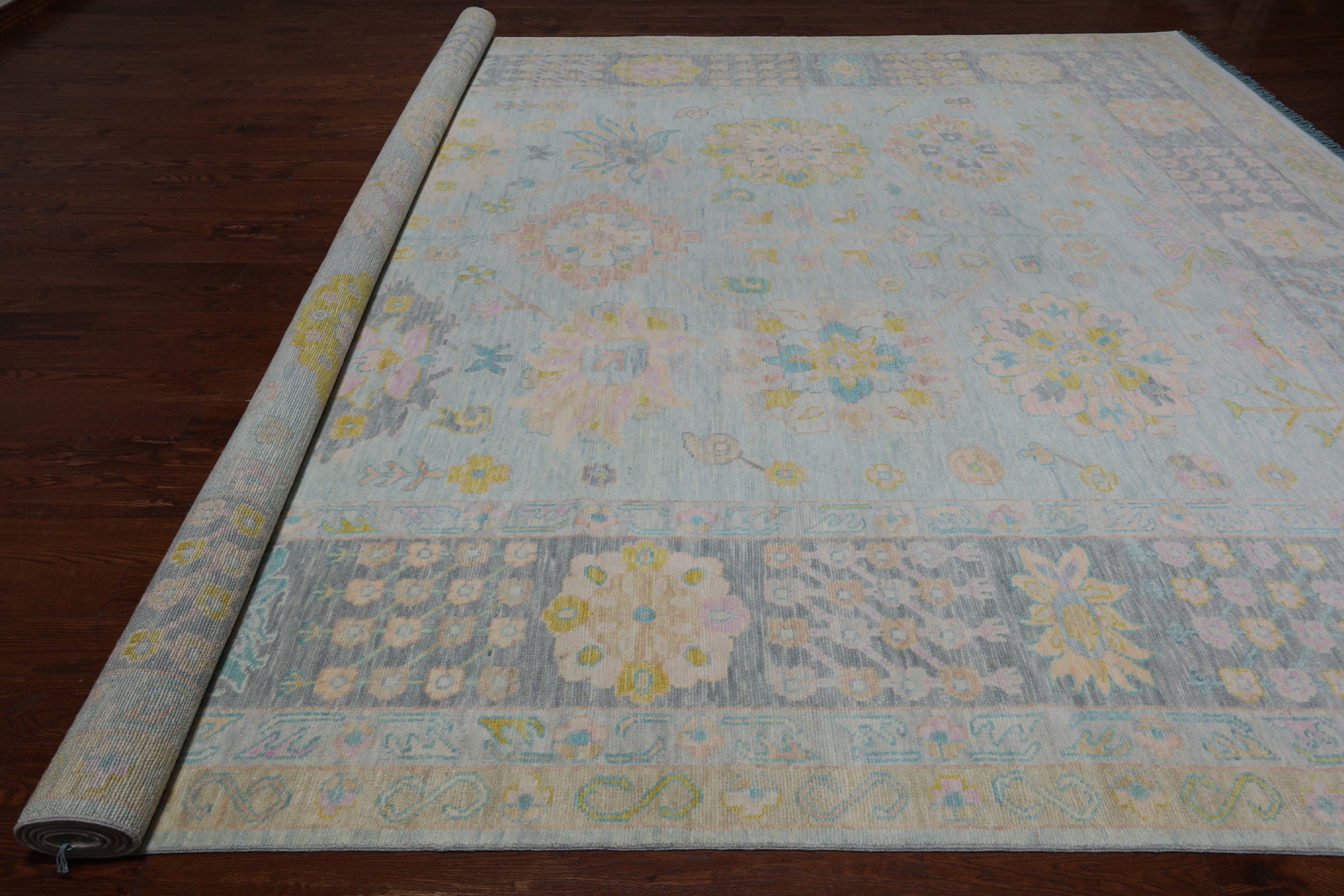 Light Blue Geometric Fine Serapi Hand Knotted Wool Rug - 12' 1" X 15' 3"