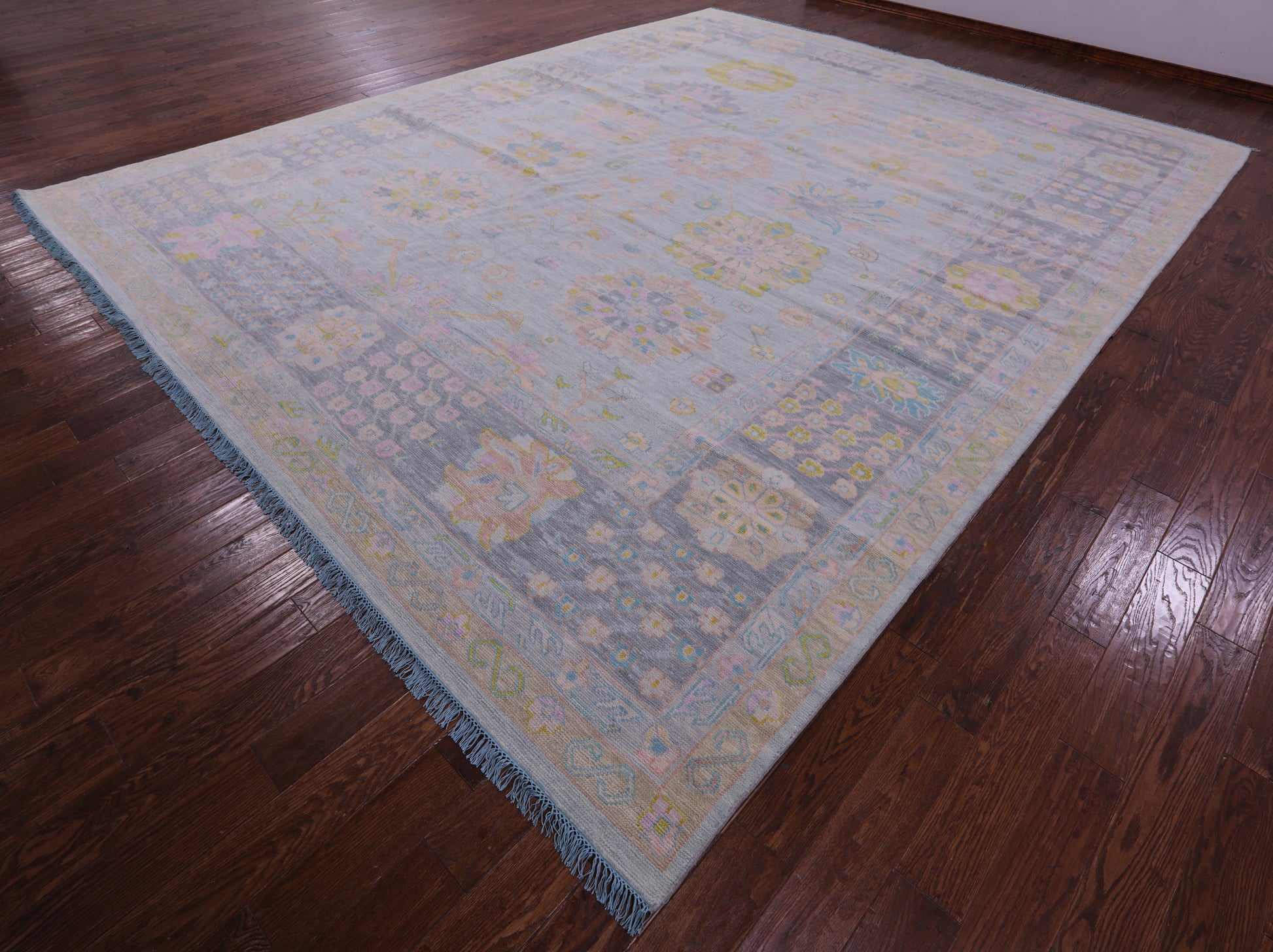 Light Blue Geometric Fine Serapi Hand Knotted Wool Rug - 12' 1" X 15' 3" - Golden Nile