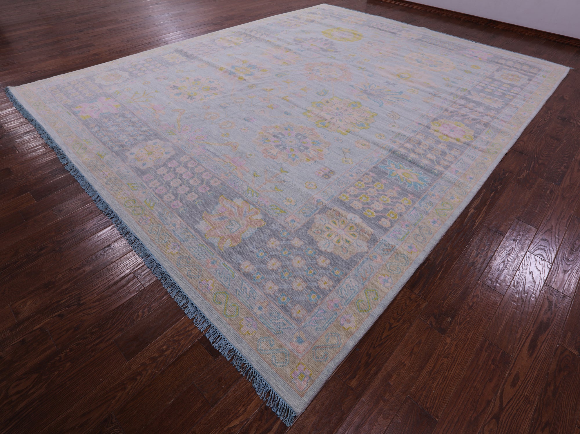 Light Blue Geometric Fine Serapi Hand Knotted Wool Rug - 12' 1" X 15' 3" - Golden Nile