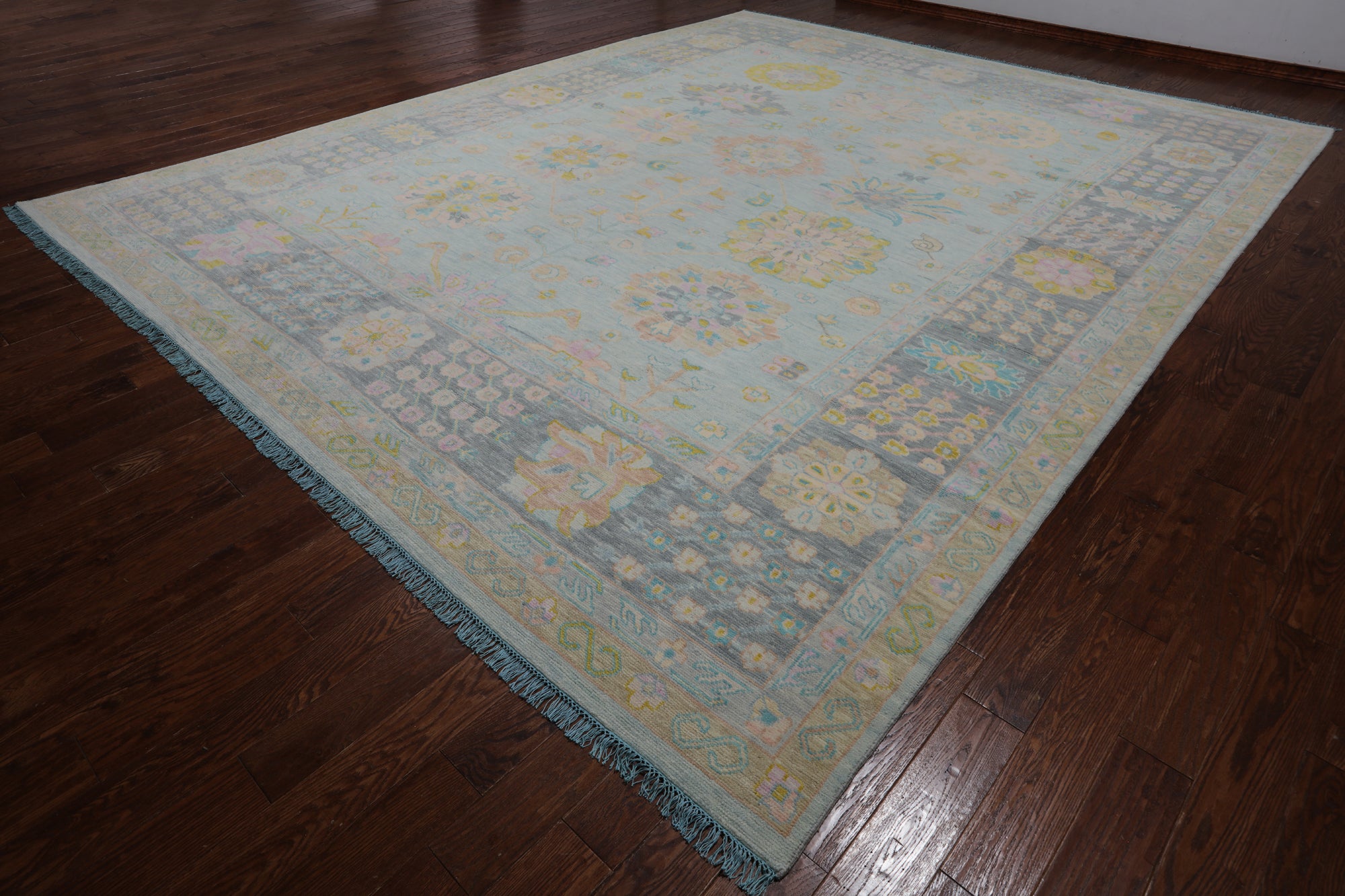 Light Blue Geometric Fine Serapi Hand Knotted Wool Rug - 12' 1" X 15' 3"