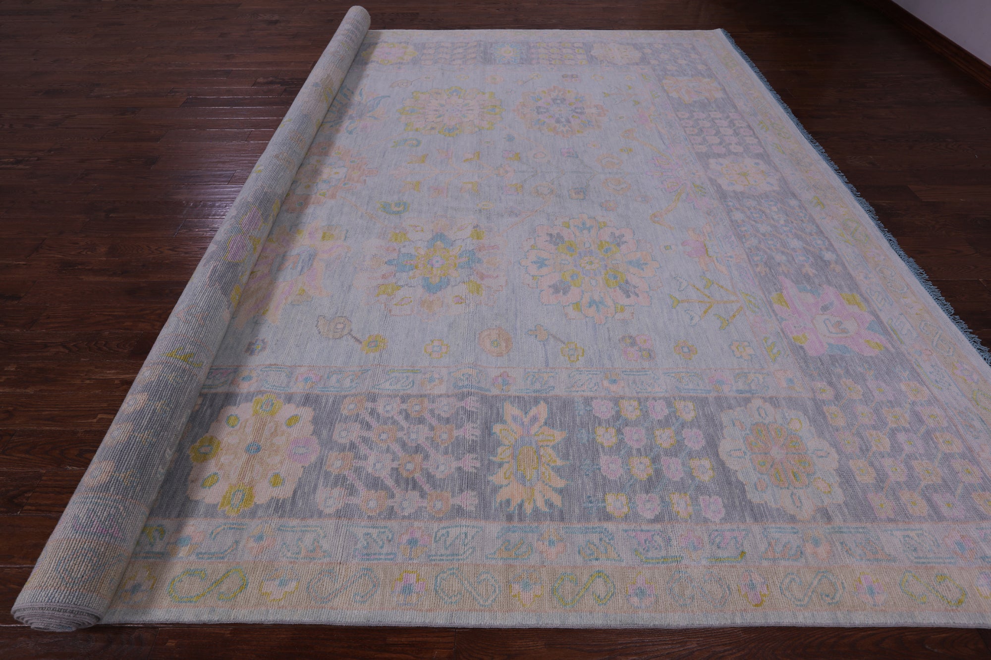 Light Blue Geometric Fine Serapi Hand Knotted Wool Rug - 12' 1" X 15' 3" - Golden Nile