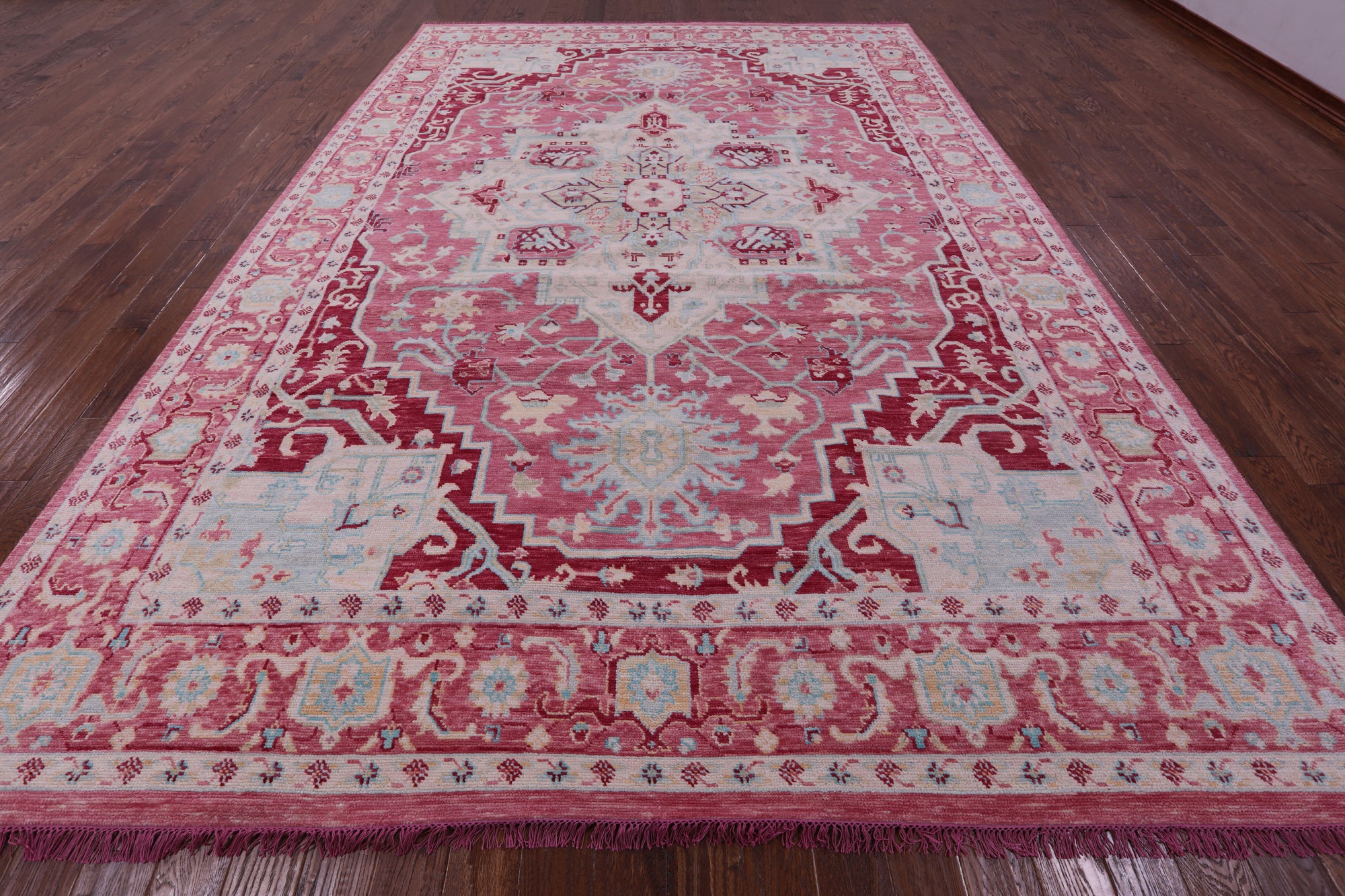 Pink Geometric Persian Heriz Serapi Hand Knotted Wool Rug - 10' 0" X 14' 4" - Golden Nile