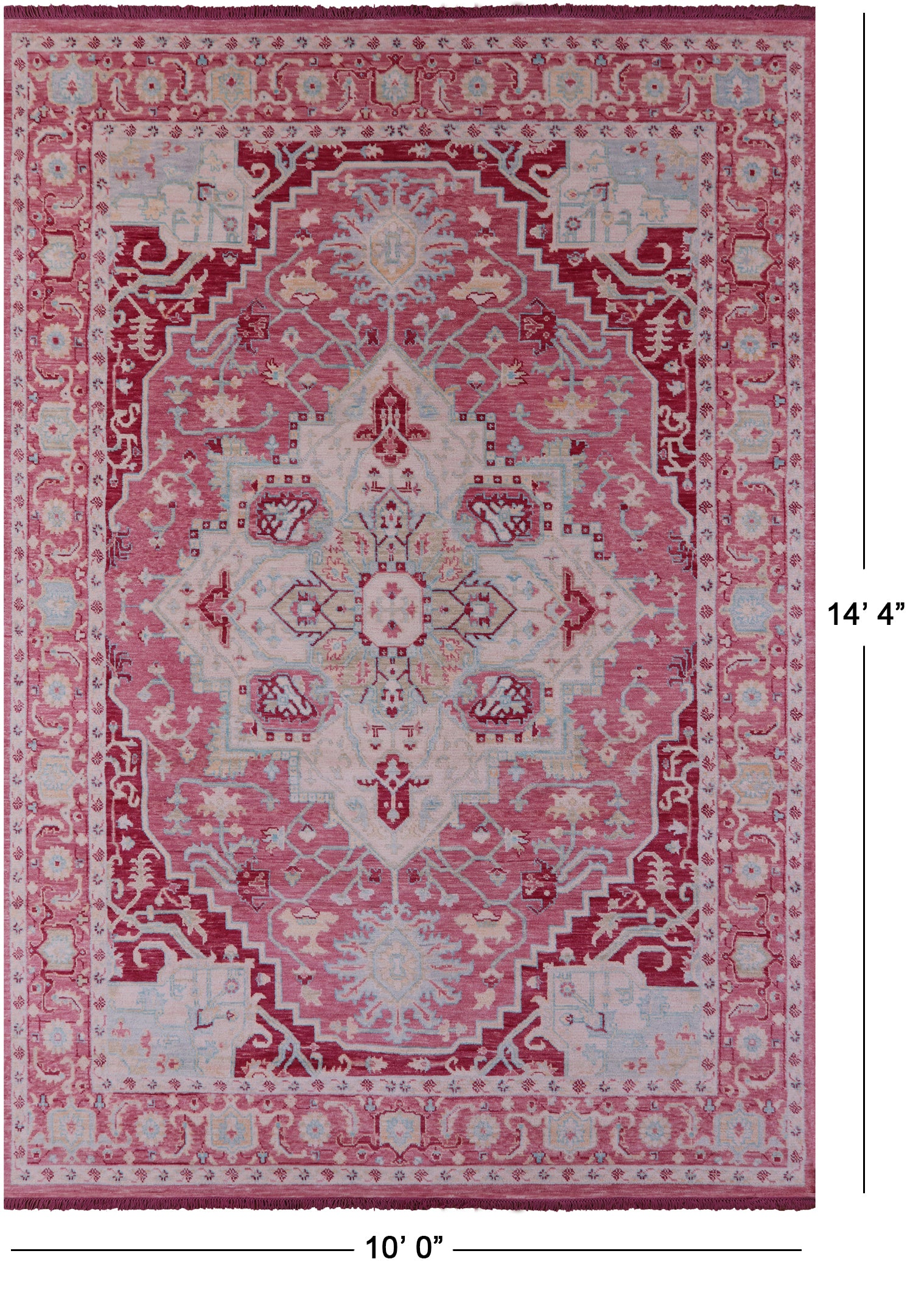 Pink Geometric Persian Heriz Serapi Hand Knotted Wool Rug - 10' 0" X 14' 4" - Golden Nile