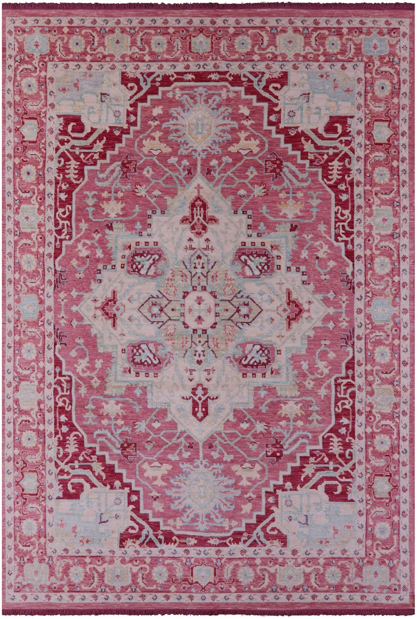 Pink Geometric Persian Heriz Serapi Hand Knotted Wool Rug - 10' 0" X 14' 4" - Golden Nile