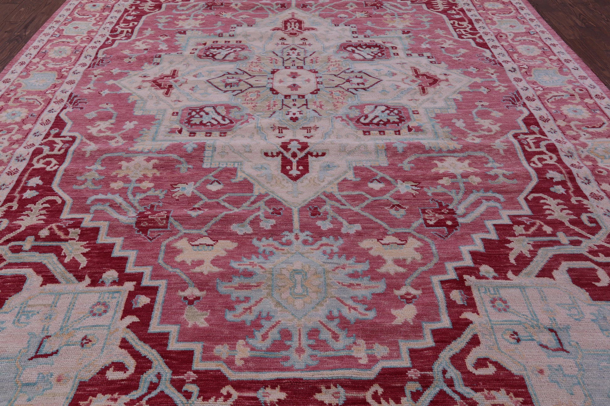 Pink Geometric Persian Heriz Serapi Hand Knotted Wool Rug - 10' 0" X 14' 4" - Golden Nile