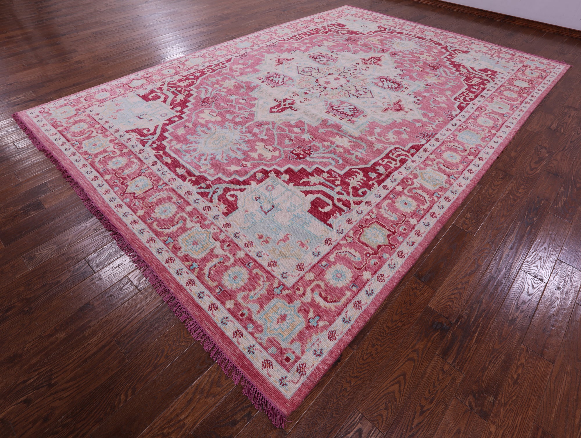 Pink Geometric Persian Heriz Serapi Hand Knotted Wool Rug - 10' 0" X 14' 4" - Golden Nile