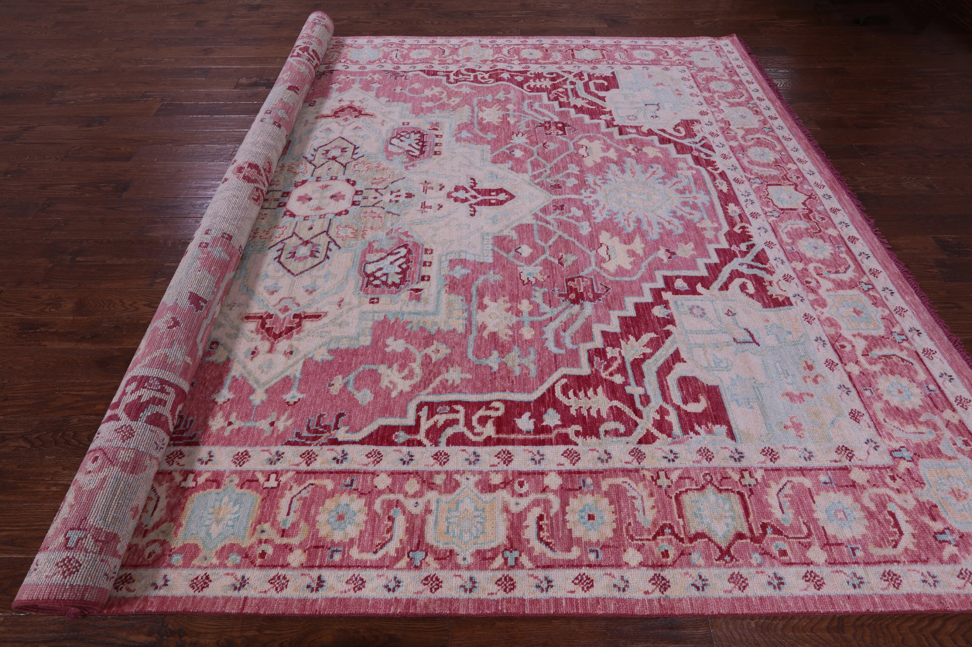 Pink Geometric Persian Heriz Serapi Hand Knotted Wool Rug - 10' 0" X 14' 4" - Golden Nile