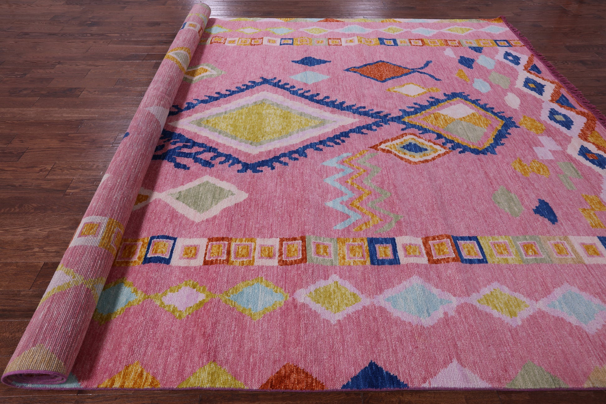 Pink Tribal Moroccan Hand Knotted Wool Rug - 10' 2" X 13' 10" - Golden Nile