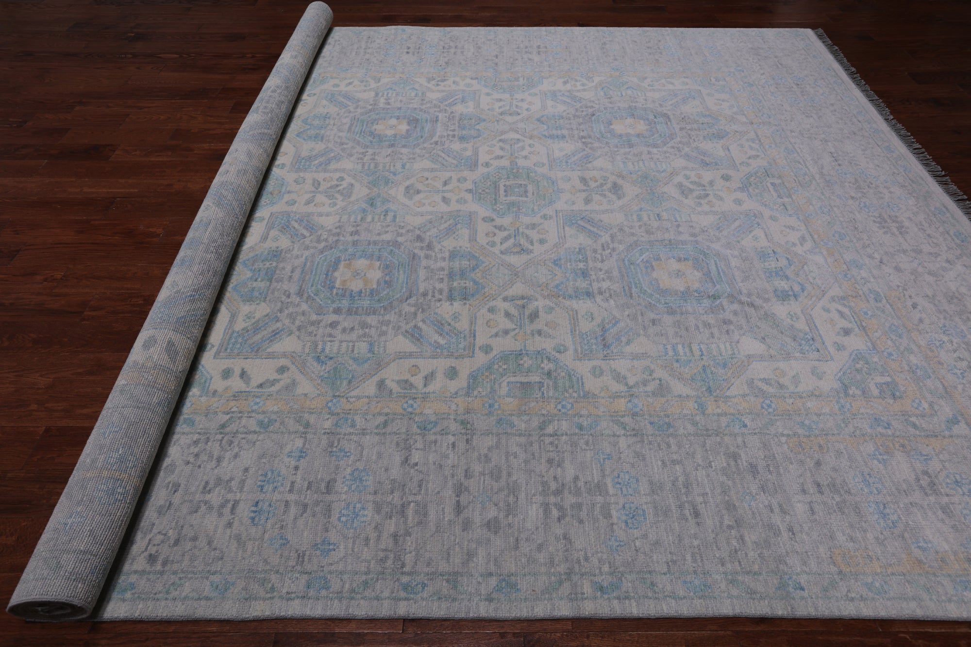 Light Grey Geometric Persian Mamluk Hand Knotted Wool Rug - 10' 2" X 13' 9"
