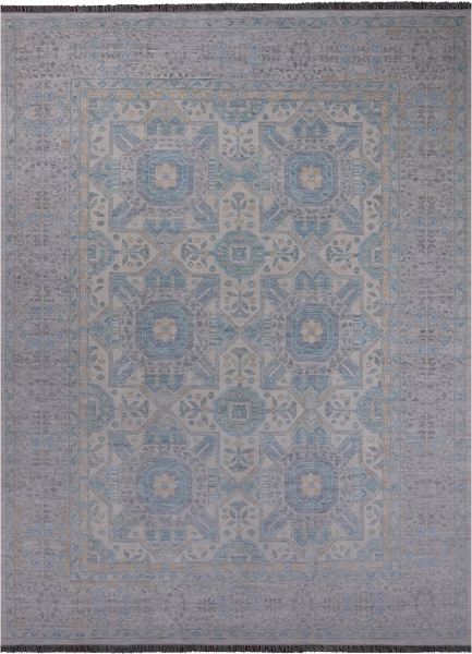 Light Grey Geometric Persian Mamluk Hand Knotted Wool Rug - 10' 2" X 13' 9"