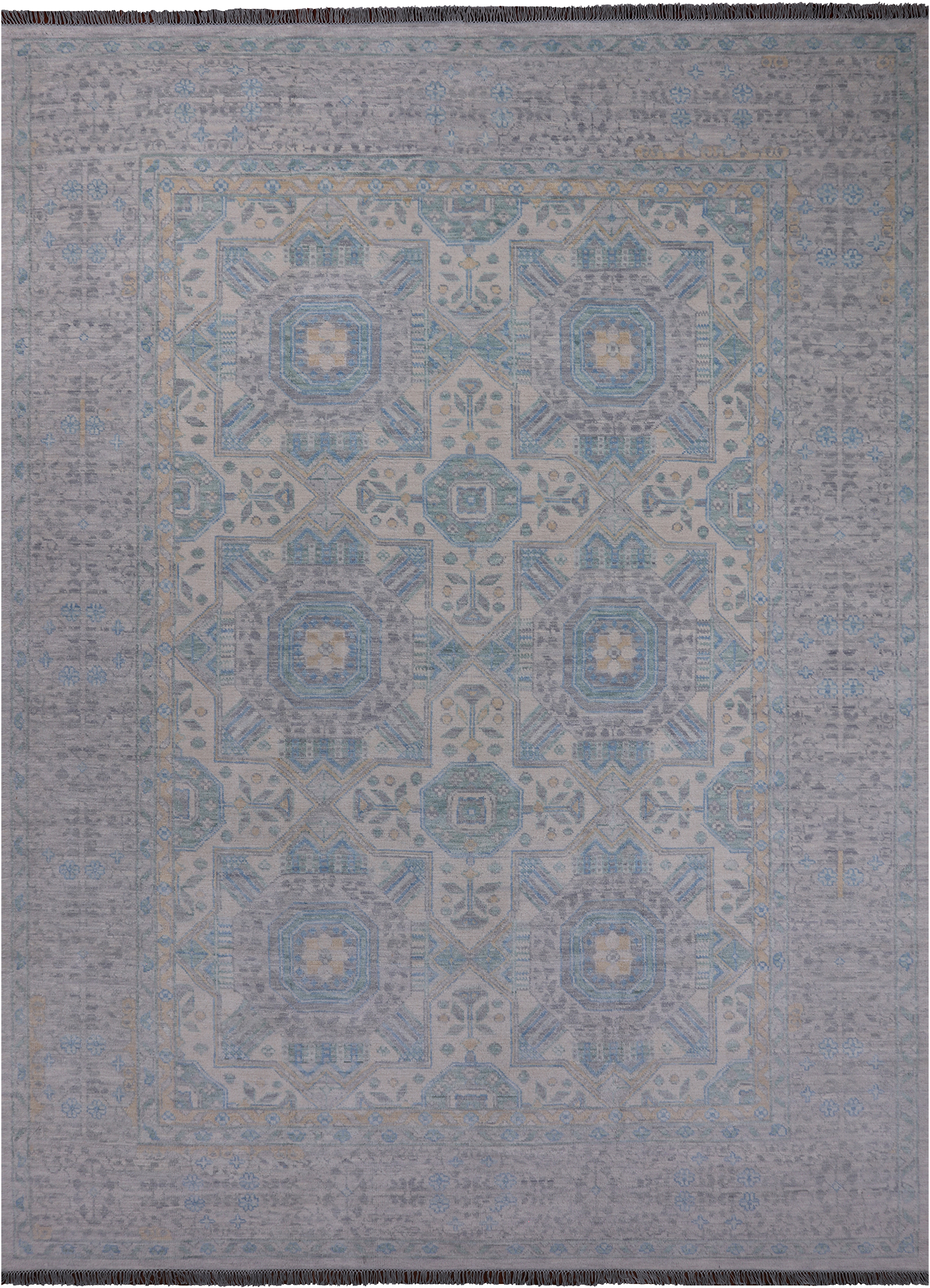 Light Grey Geometric Persian Mamluk Hand Knotted Wool Rug - 10' 2" X 13' 9"