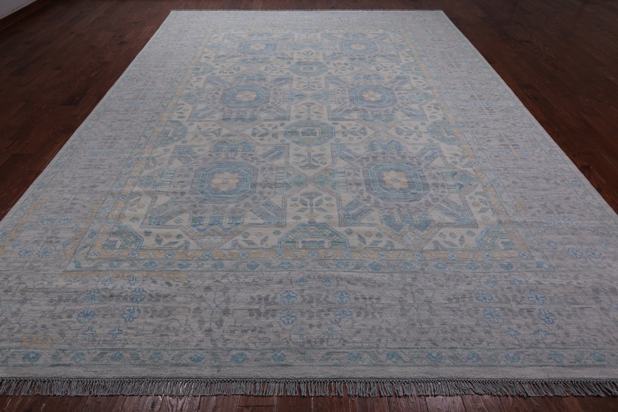 Light Grey Geometric Persian Mamluk Hand Knotted Wool Rug - 10' 2" X 13' 9"