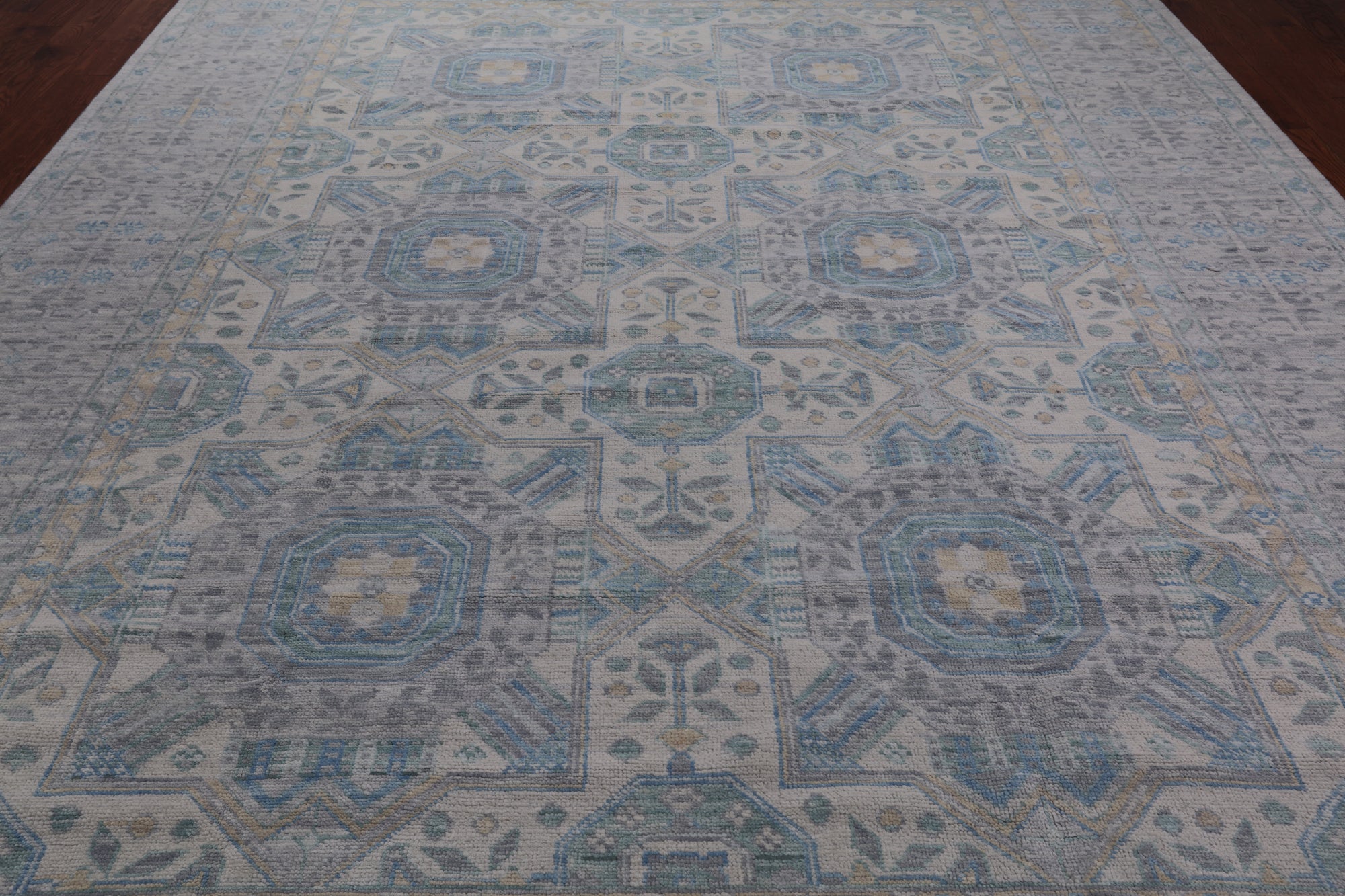 Light Grey Geometric Persian Mamluk Hand Knotted Wool Rug - 10' 2" X 13' 9"