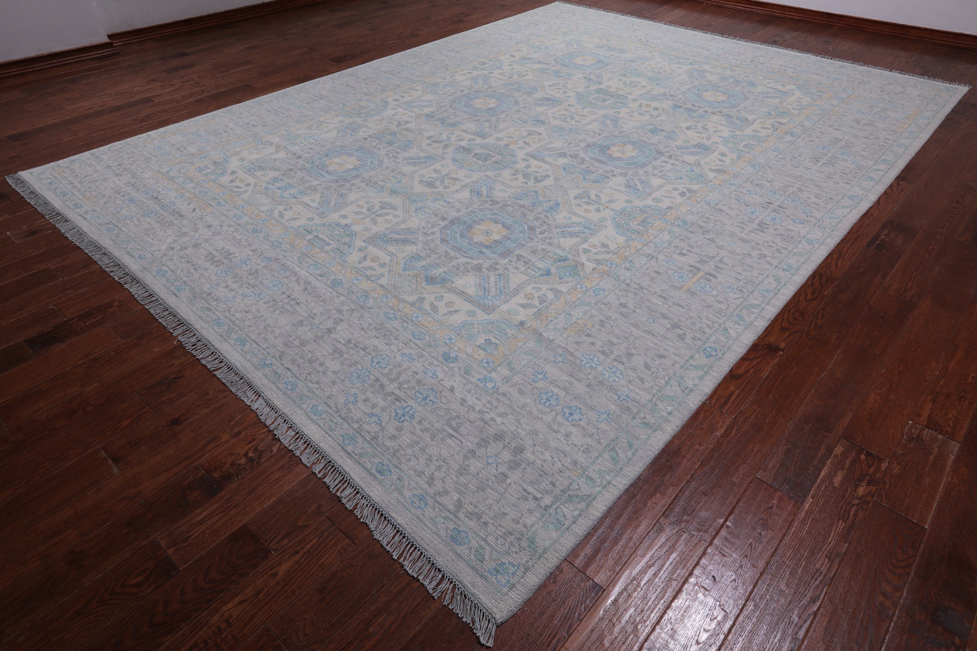 Light Grey Geometric Persian Mamluk Hand Knotted Wool Rug - 10' 2" X 13' 9"