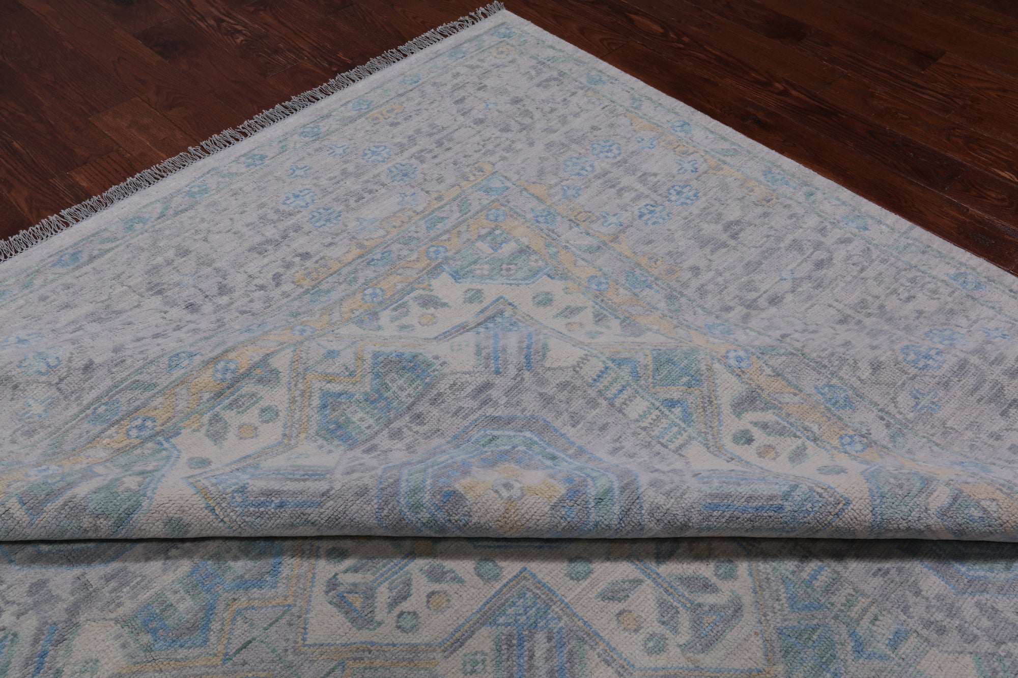 Light Grey Geometric Persian Mamluk Hand Knotted Wool Rug - 10' 2" X 13' 9"