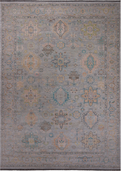 Grey Geometric Fine Serapi Hand Knotted Wool Rug - 9' 10" X 13' 9"