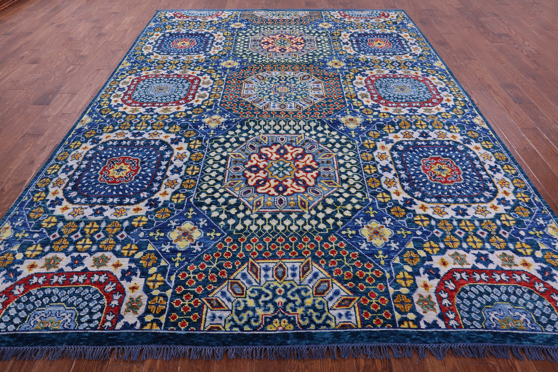 Blue Geometric Persian Mamluk Hand Knotted Wool Rug - 8' 11" X 11' 8" - Golden Nile