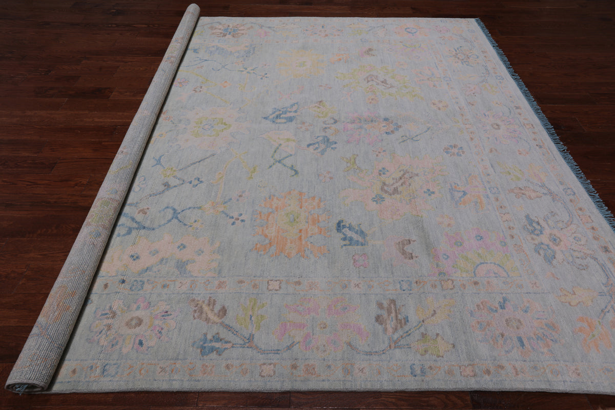SUPER SALE Light Blue Square Turkish Oushak Hand Knotted Wool Rug - 9' 1" X 9' 2"