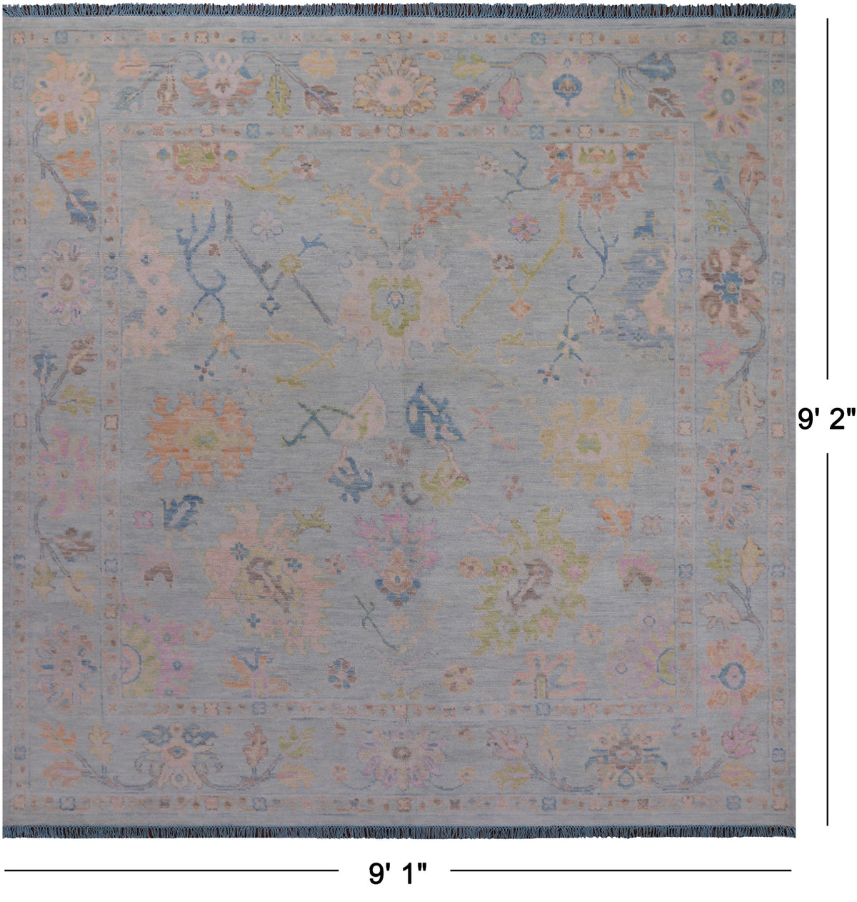 SUPER SALE Light Blue Square Turkish Oushak Hand Knotted Wool Rug - 9' 1" X 9' 2"