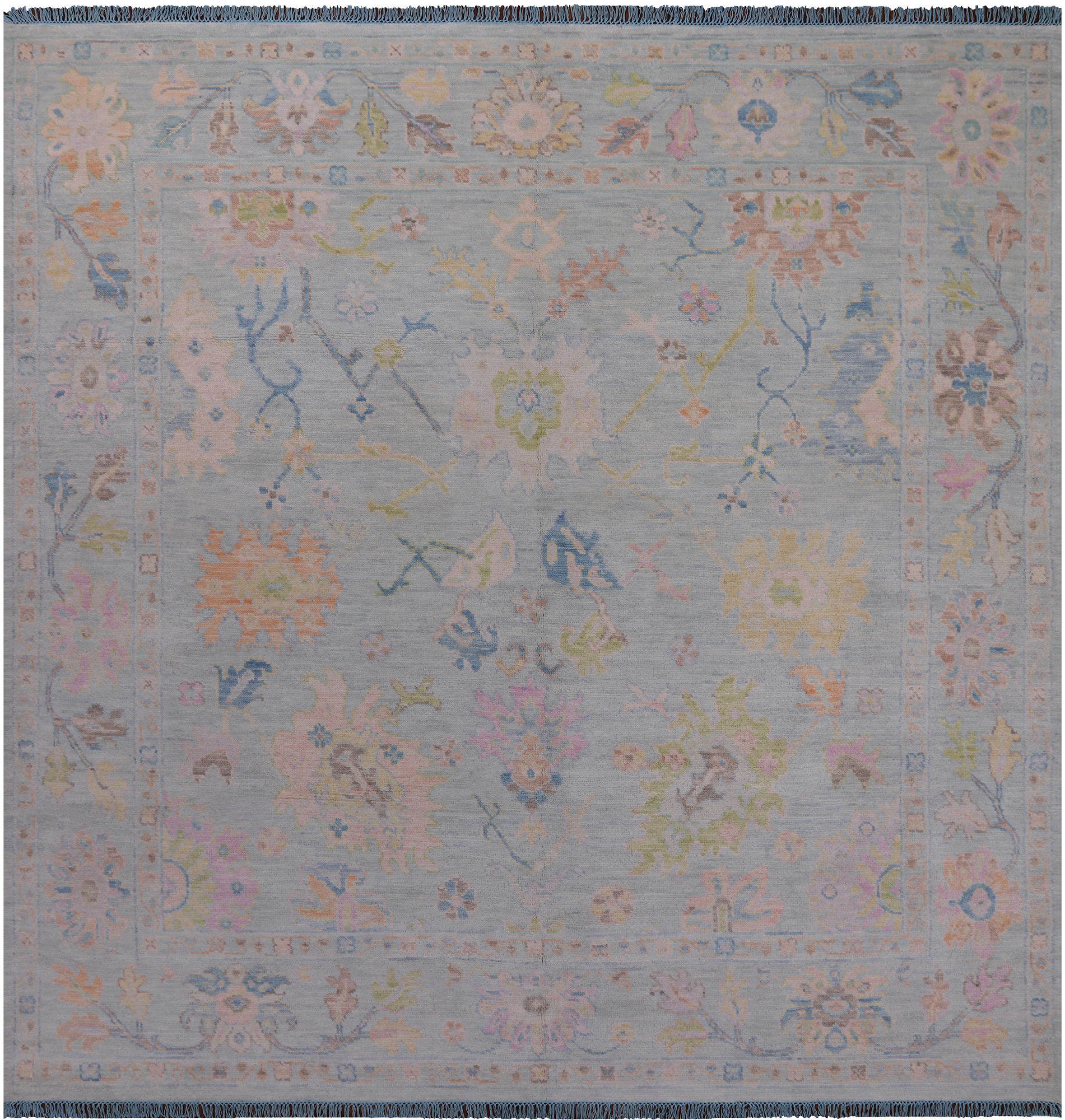 SUPER SALE Light Blue Square Turkish Oushak Hand Knotted Wool Rug - 9' 1" X 9' 2"