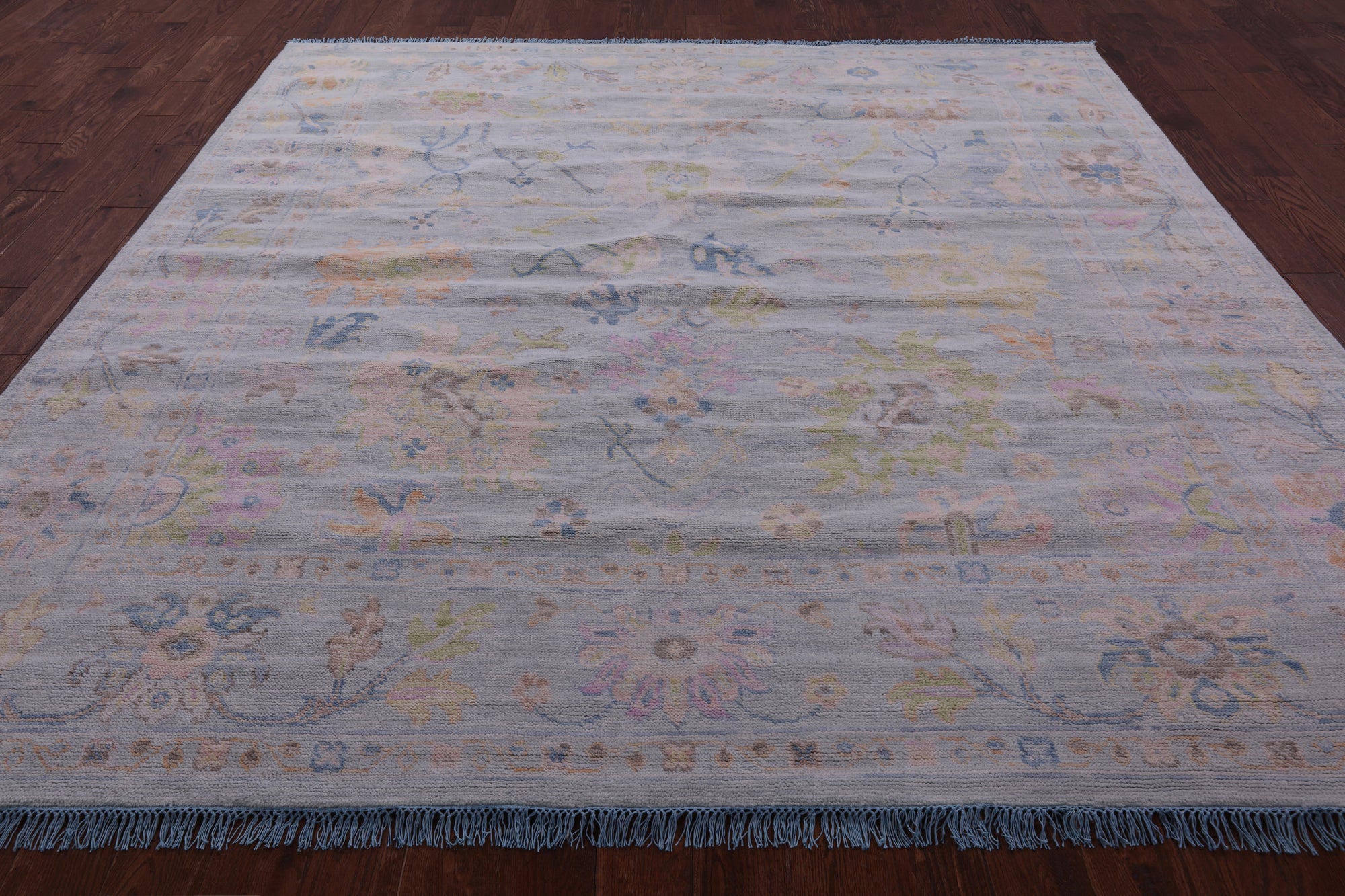 Light Blue Square Turkish Oushak Hand Knotted Wool Rug - 9' 1" X 9' 2" - Golden Nile