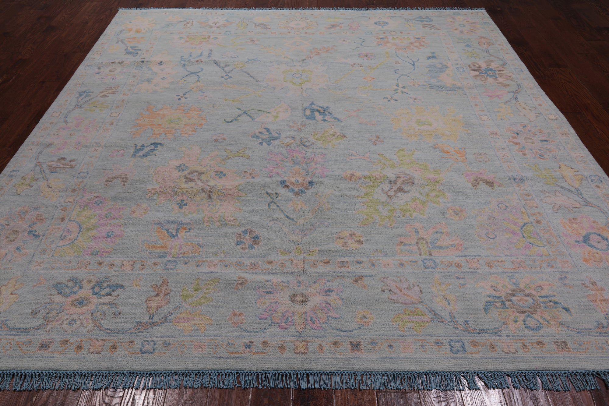 SUPER SALE Light Blue Square Turkish Oushak Hand Knotted Wool Rug - 9' 1" X 9' 2"