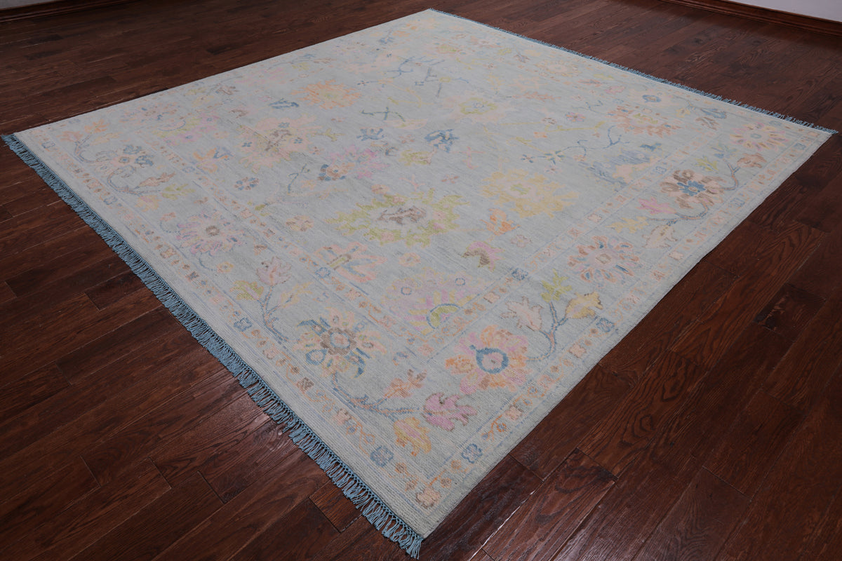 SUPER SALE Light Blue Square Turkish Oushak Hand Knotted Wool Rug - 9' 1" X 9' 2"