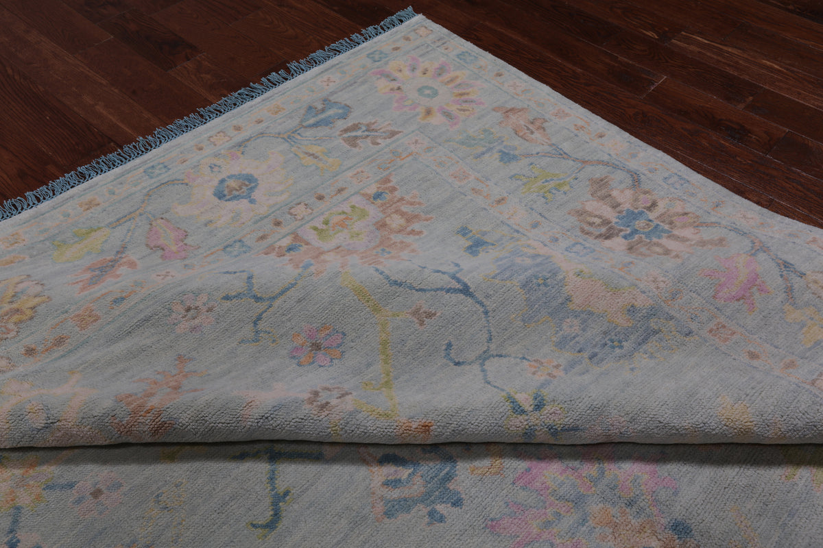 SUPER SALE Light Blue Square Turkish Oushak Hand Knotted Wool Rug - 9' 1" X 9' 2"