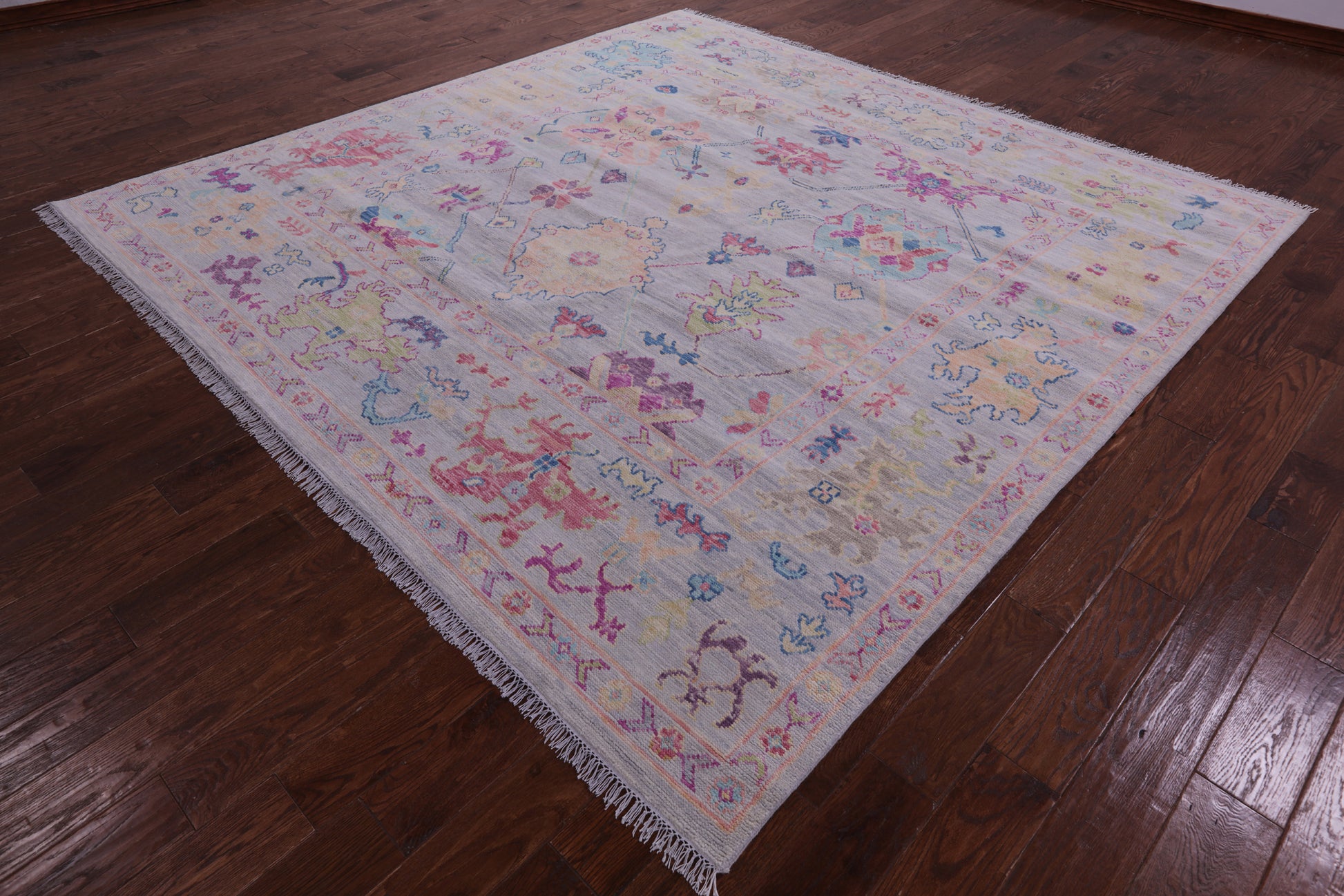 Grey Square Turkish Oushak Hand Knotted Wool Rug - 8' 10" X 8' 11" - Golden Nile