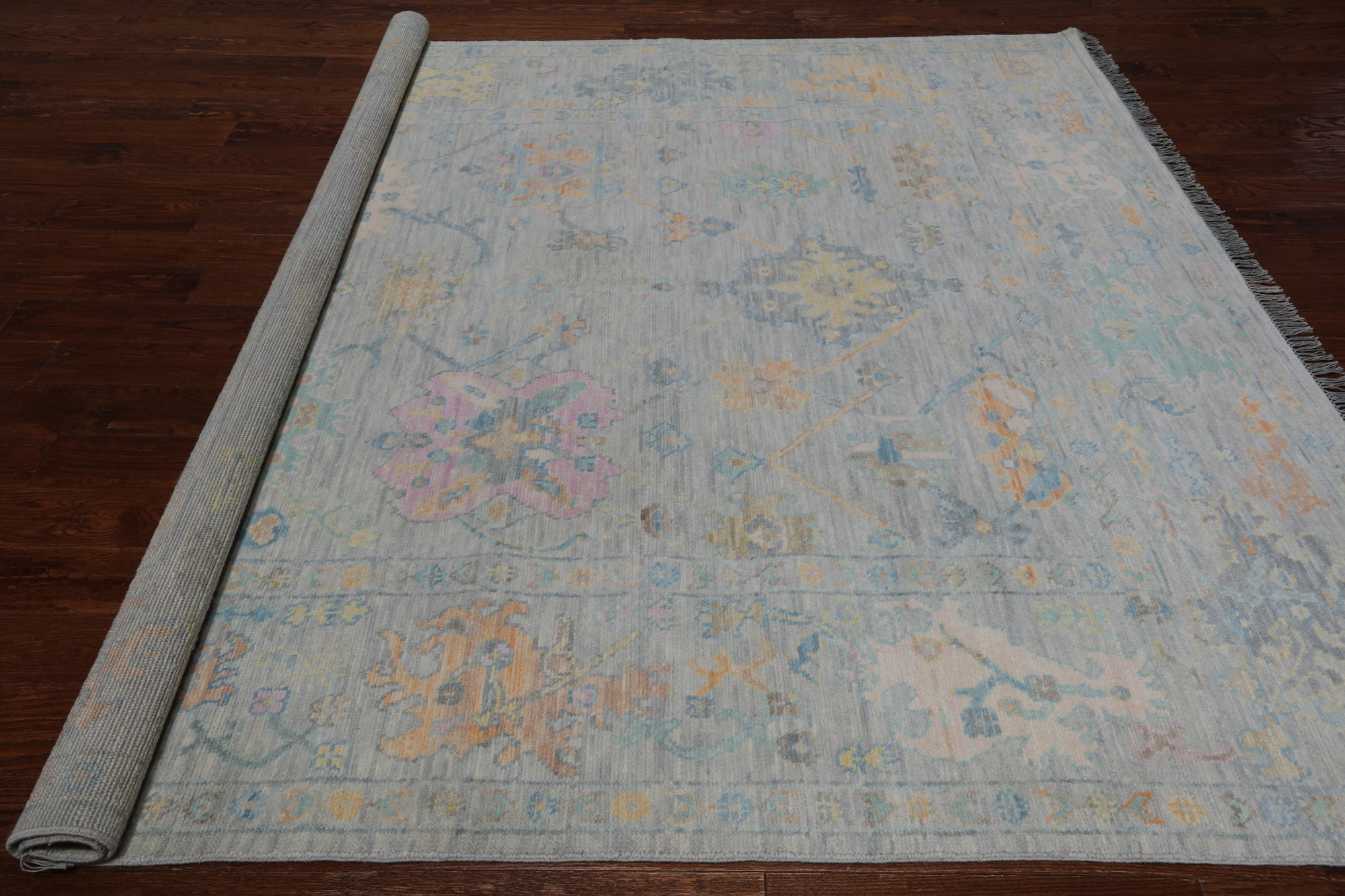 SUPER SALE Silver Square Turkish Oushak Hand Knotted Wool Rug - 7' 11" X 8' 1"