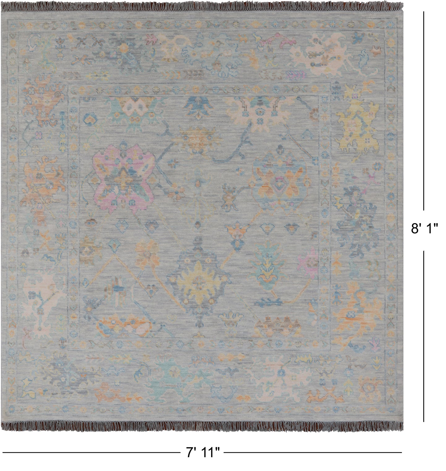 SUPER SALE Silver Square Turkish Oushak Hand Knotted Wool Rug - 7' 11" X 8' 1"