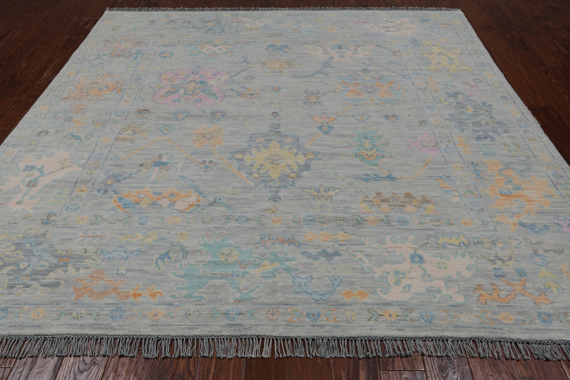 SUPER SALE Silver Square Turkish Oushak Hand Knotted Wool Rug - 7' 11" X 8' 1"