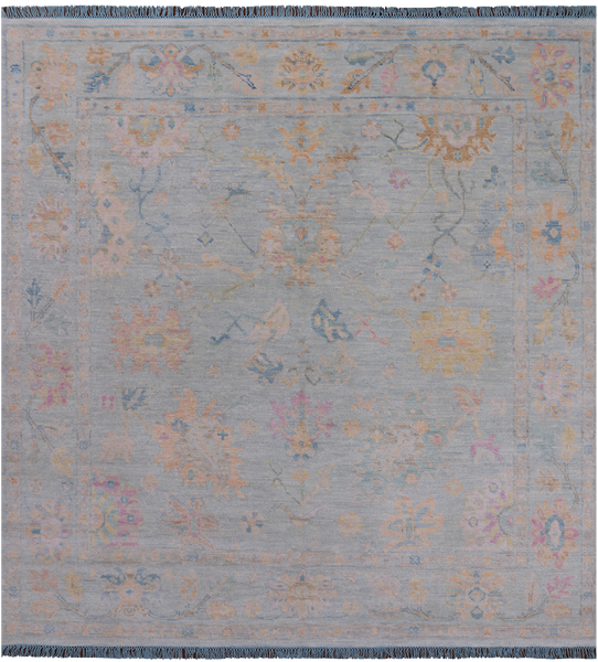 SUPER SALE Blue Square Turkish Oushak Hand Knotted Wool Rug - 7' 7" X 7' 11"