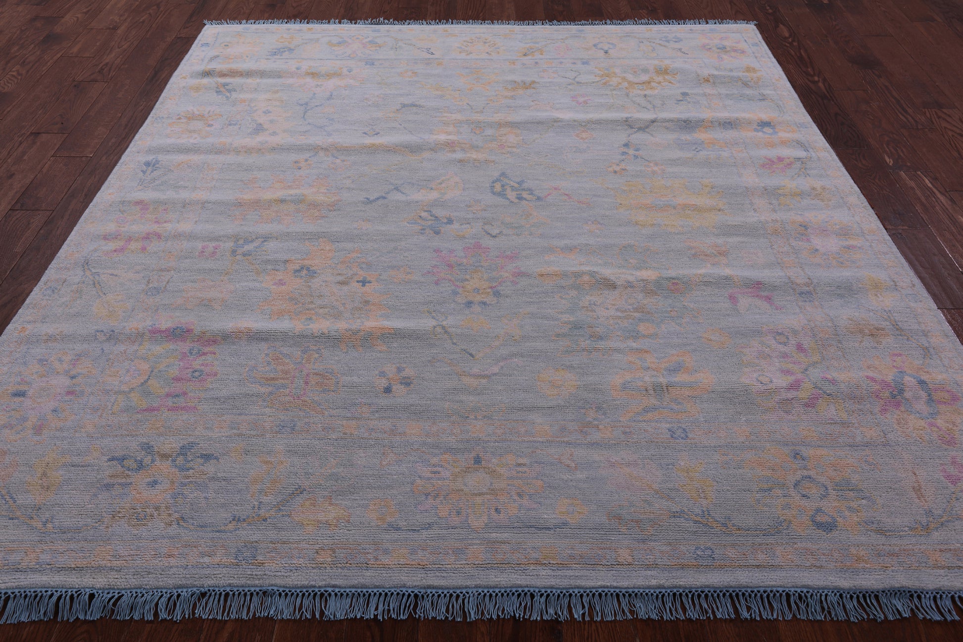 Blue Square Turkish Oushak Hand Knotted Wool Rug - 7' 7" X 7' 11" - Golden Nile