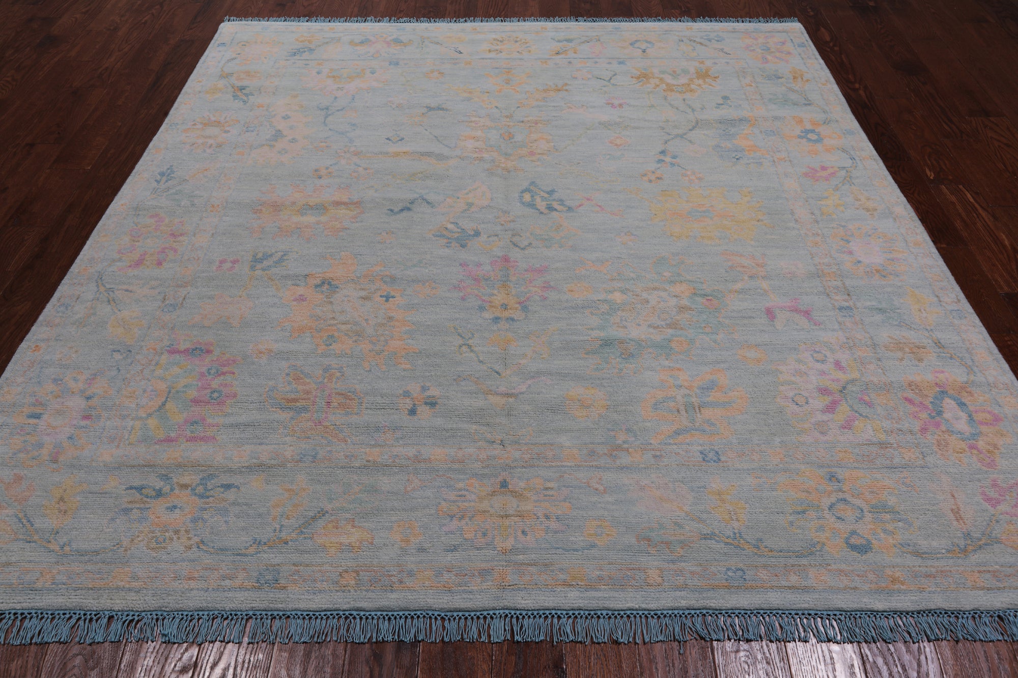 SUPER SALE Blue Square Turkish Oushak Hand Knotted Wool Rug - 7' 7" X 7' 11"