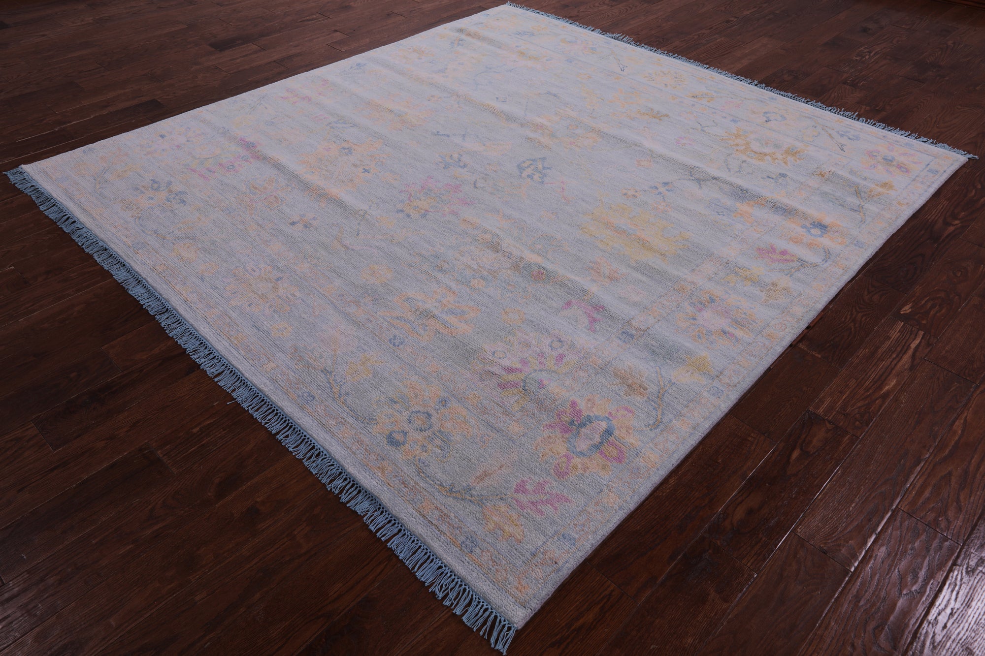 Blue Square Turkish Oushak Hand Knotted Wool Rug - 7' 7" X 7' 11" - Golden Nile