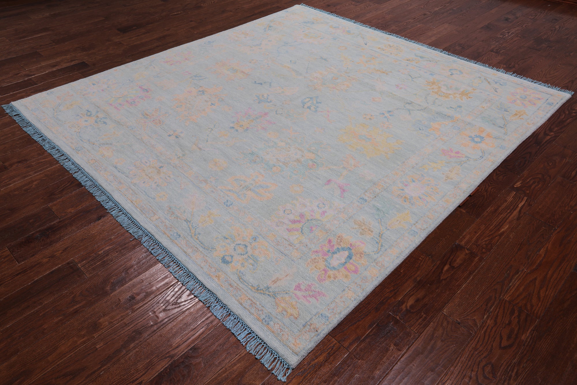 SUPER SALE Blue Square Turkish Oushak Hand Knotted Wool Rug - 7' 7" X 7' 11"