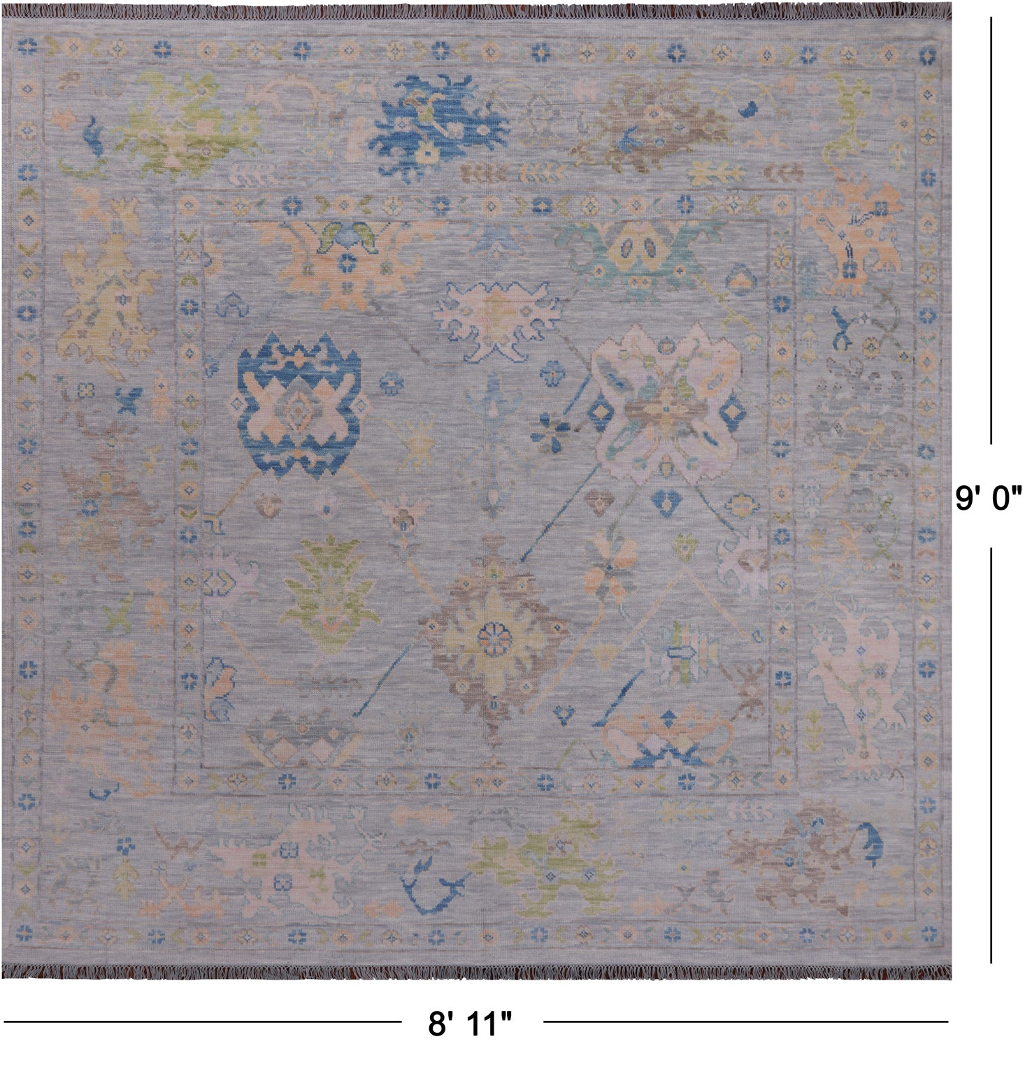 SUPER SALE Silver Square Turkish Oushak Handmade Wool Rug - 8' 11" X 9' 0"