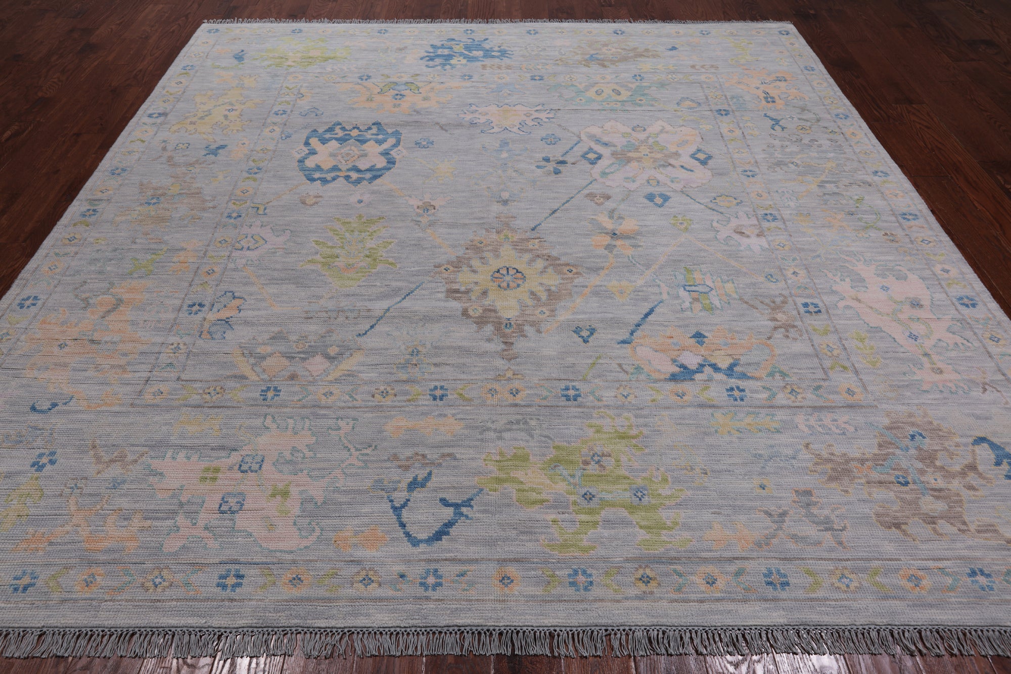 SUPER SALE Silver Square Turkish Oushak Handmade Wool Rug - 8' 11" X 9' 0"
