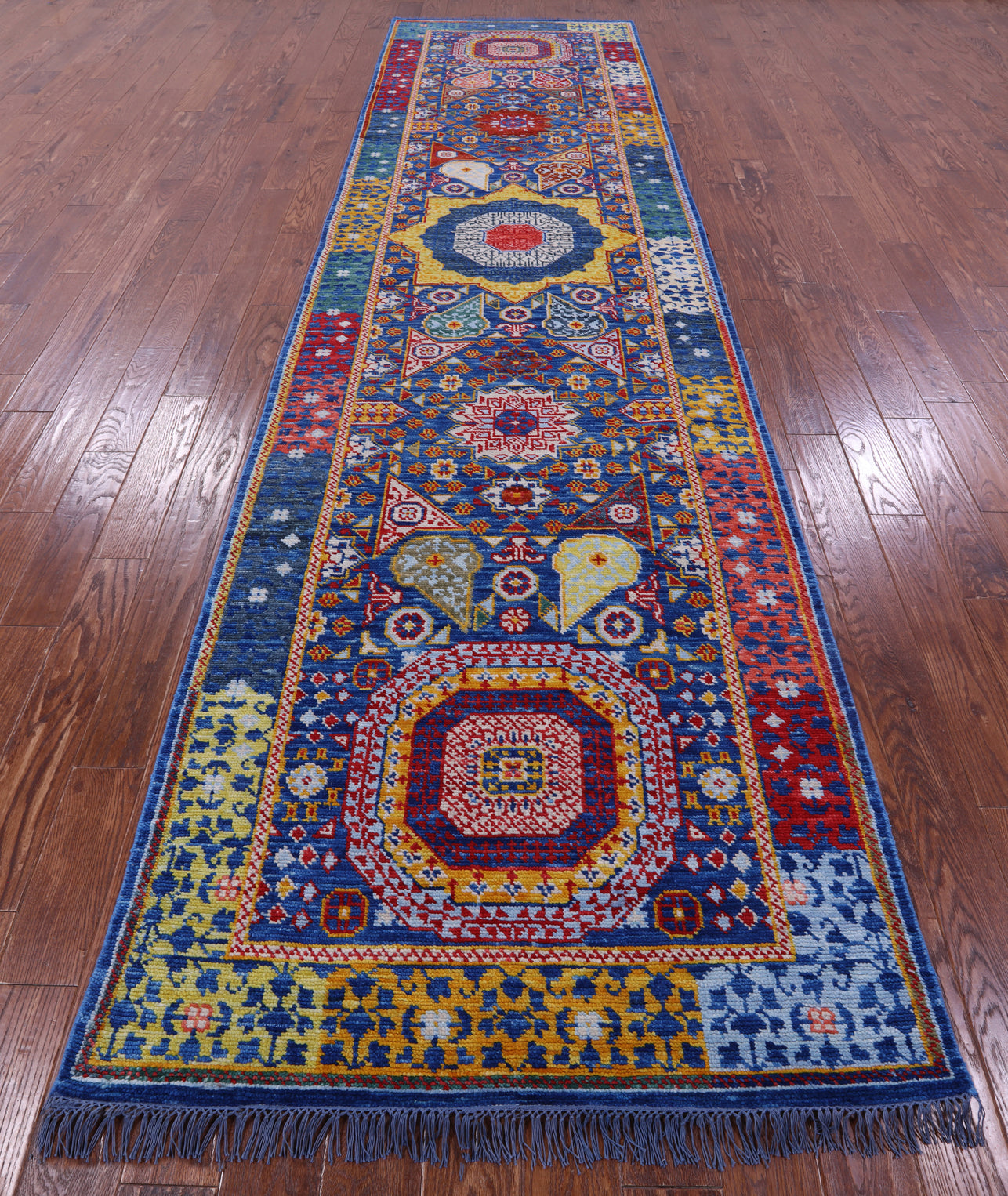 Blue Geometric Persian Mamluk Handmade Wool Runner Rug - 4' 0" X 15' 3" - Golden Nile