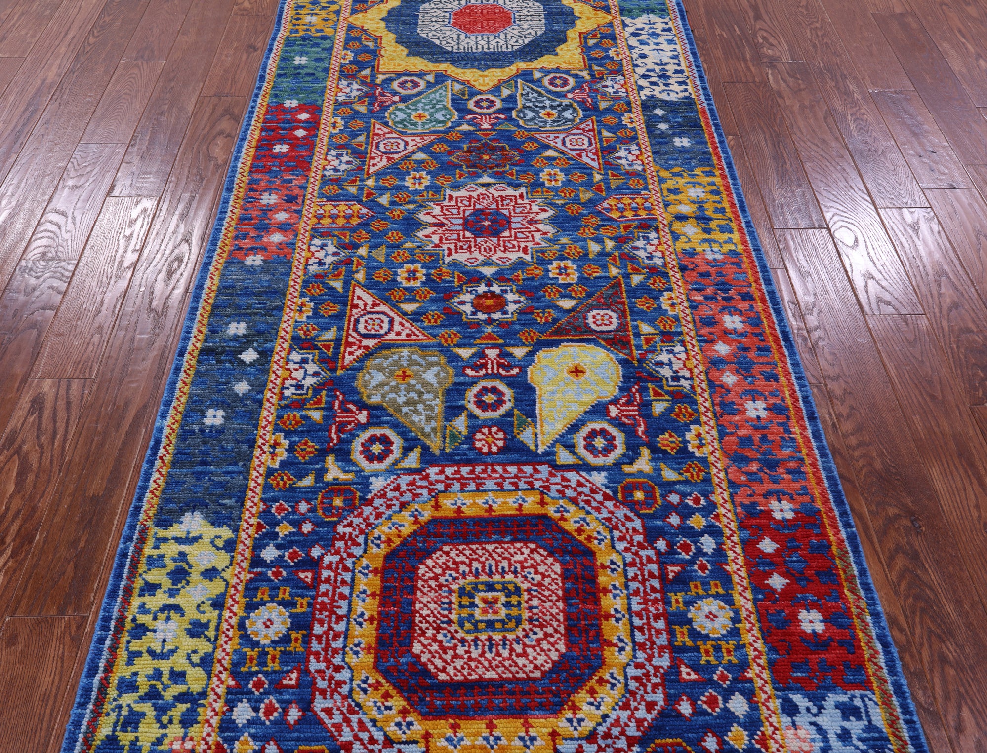 Blue Geometric Persian Mamluk Handmade Wool Runner Rug - 4' 0" X 15' 3" - Golden Nile
